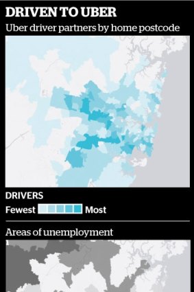 A map of Sydney showing the common areas of Uber driver partners and high unemployment.