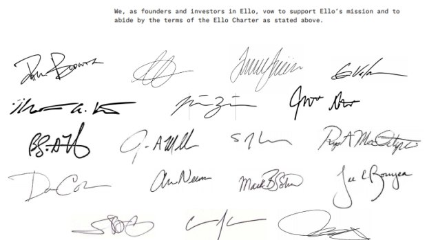 Ello staff signed a charter to prevent the network from ever showing ads or selling user data.