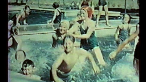 Video stills from Catherine Bell's video work Treated: The Sublime Passage, based on footage of children at the Cocoroc pool from the Melbourne Water Archives