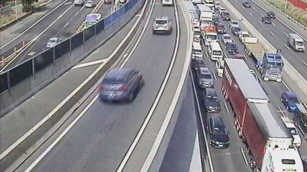Traffic snarls stretch back towards the Domain Tunnel after a crash on the West Gate Bridge. 