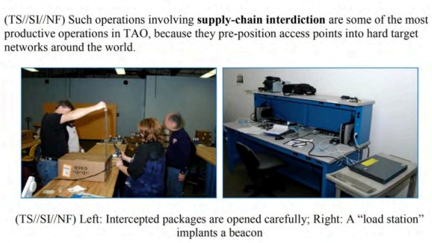 NSA staff are shown intercepting Cisco packages.