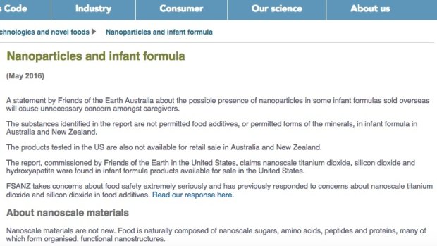 Screenshot of FSANZ's original statement in May 2016 on nanoparticles found in baby formula.
