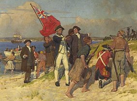 <em>Landing of Captain Cook at Botany Bay</em> by E.  Phillips Fox.
