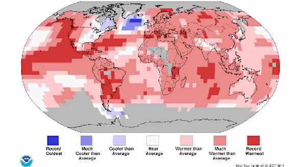 Land and ocean temperature percentiles from January to August 2015.