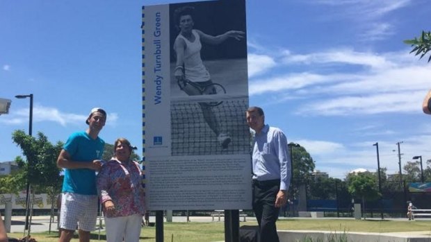 Wendy Turnbull, Bernard Tomic and Brisbane Lord Mayor Graham Quirk at Wendy Turnbull Green in Milton.