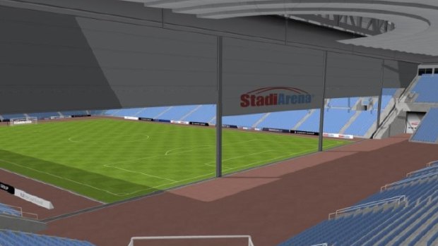 An artists impression of an indoor-outdoor stadium in Civic.