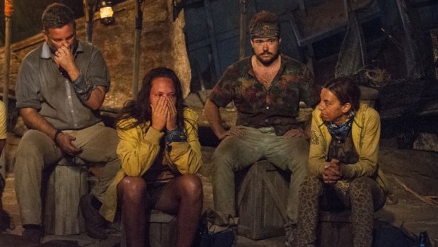 From left, Jeff Varner, Sarah Lacina, Zeke Smith and Debbie Wanner at a so-called tribal council on Survivor. 