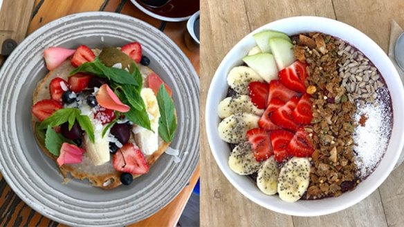 Banana and coconut buckwheat pancakes at Little Bird Cafe (left) and an acai bowl at Jujuberry+Co.