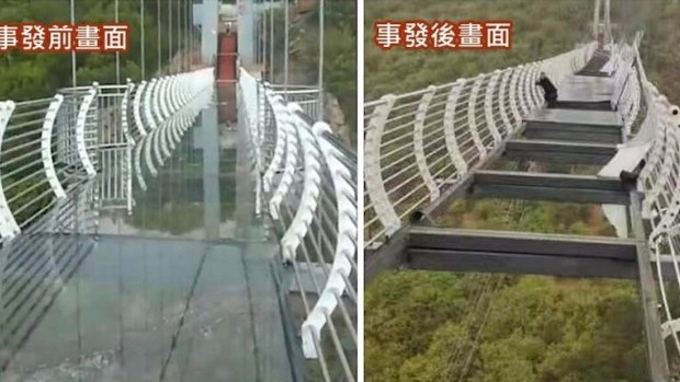The tourist was trapped 100 metres above ground after glass panels in the Piyan Mountain bridge fell out during high winds.
