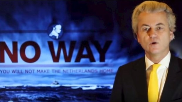 A screenshot of Dutch politician Geert Wilders speaking in an anti-immigration campaign ad.