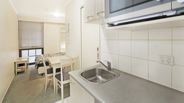 The 20-square metre studio apartment advertised for sale at 585 La Trobe Street. 