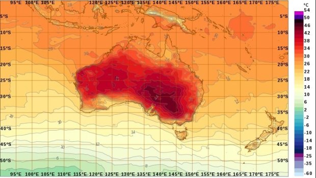 A map of Australia with predicted temperatures at 2pm on January 21, 2018.
