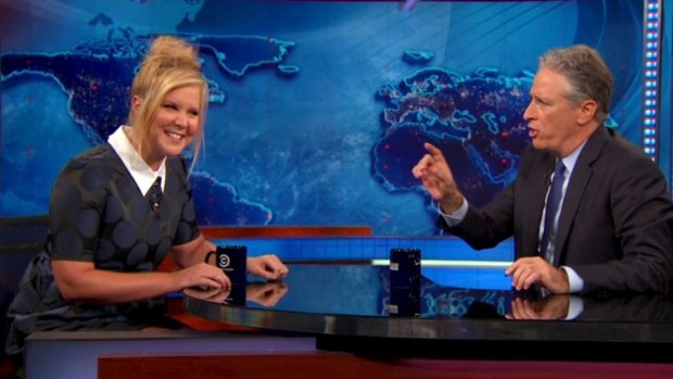 Amy Schumer appeared on one of Jon Stewart's final episodes of The Daily Show on Monday.

