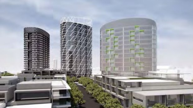 The three proposed apartment towers next to Flemington Racecourse railway station, on land in Ascot Vale.