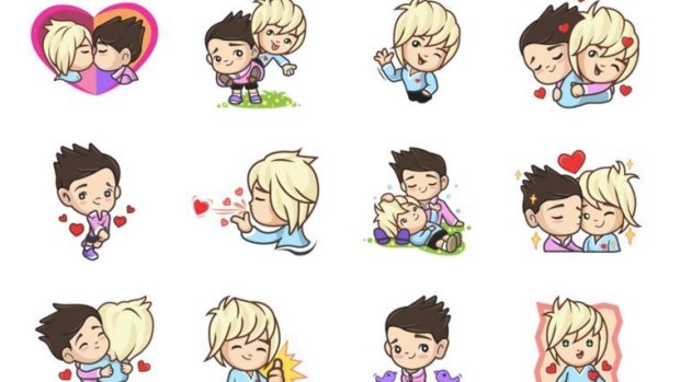 A collection of gay emojis available on the LINE Store in Australia but now unavailable to Indonesians.