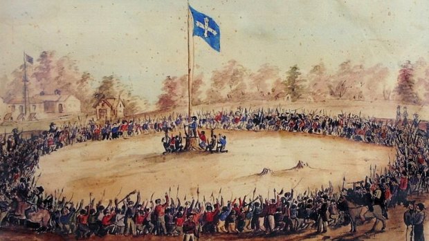 A contemporary sketch by Charles Doudiet shows the Eureka rebels swearing allegiance to the flag of the Southern Cross at Bakery Hill in Ballarat. 