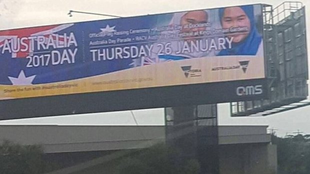 This Australia Day billboard featuring two young girls in hijab was removed after a backlash. 