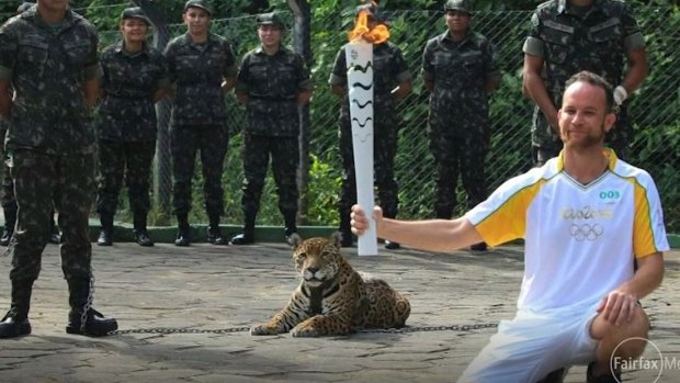 The jaguar looks on during the torch ceremony.