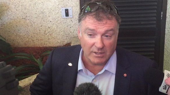Rodney Culleton addresses the media during a lunch break at court.