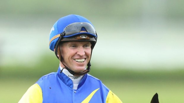 All smiles: Glyn Schofield returns on Le Romain after winning the Canterbury Stakes.