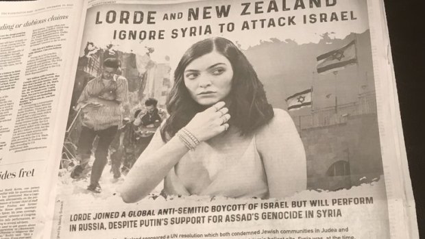 Pro-Israel group The World Values Network took out this full-page ad in the Washington Post attacking New Zealand and Lorde.