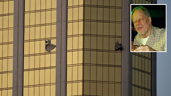 Stephen Paddock (inset) used a hammer to smash the window of his room in the Mandalay Bay Resort and Casino. 