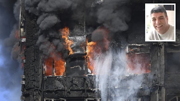 Smoke billows from the fire that engulfed the Grenfell Tower in west London, in June last year, killing 71 including Mohamed Amied Neda (inset).