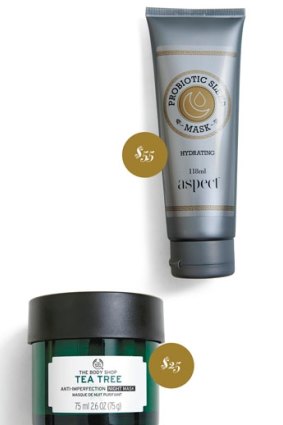 Aspect Probiotic Sleep Mask, $55. The Body Shop Tea Tree AntiImperfection
Night Mask, $25. Clinelle Pure Swiss Hydra Calm Sleeping Mask, $20.