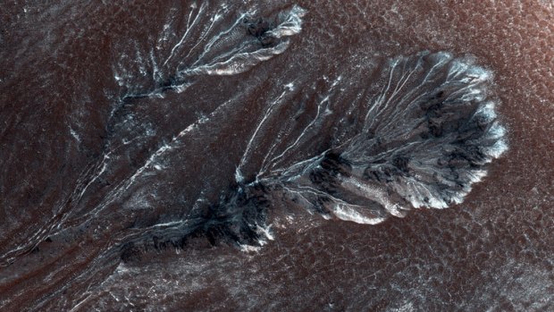 Seasonal frost (or snowfall?) in gullies on a crater wall on Mars, at 60 degrees north. This view is about 800 metres wide.