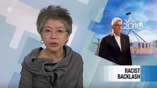 Up for a Gold Logie ... Lee Lin Chin reading SBS World News.