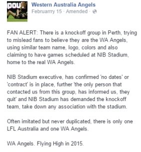The extract from the WA Angels Facebook page, querying the legitimacy of the new mooted Perth team.