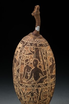 The eloping couple and the husband's revenge, by Jack Wherra. Carved boab nut.