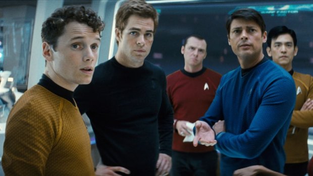 Chekov (Anton Yelchin), James T. Kirk (Chris Pine), Scotty (Simon Pegg), Bones (Karl Urban) and Sulu (John Cho) in <i>Star Trek</i> in 2008.
