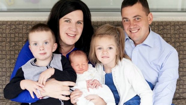 Liberal backbencher Giulia Jones with her new baby Maximus Jones, son Ambrose, 3, daughter Nicolina, 5, and husband Bernard Jones. 