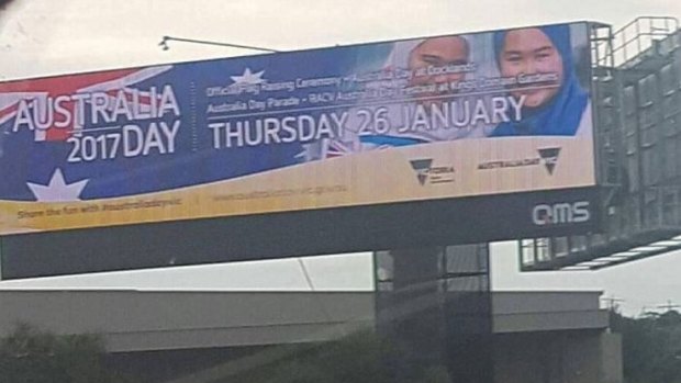 This Australia Day billboard featuring two young girls in hijab was removed after backlash and a number of threats. 