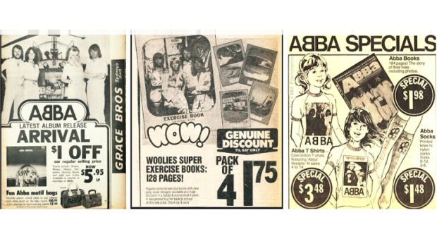 A selection of licensed ABBA merchandise Down Under.