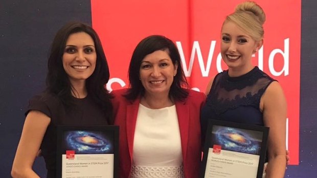Dr Nasim Amiralian, left, and Jordan DeBono, right, with Minister for Science Leeanne Enoch