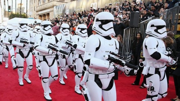 Stormtroopers march down the red carpet at the world premiere of Star Wars: The Force Awakens in Los Angeles on December 15, 2015.