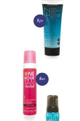 Luxe to less: St Tropez Gradual Tan In Shower, $40; ModelCo One Hour Tan Mousse, $20; Bondi Sands Everyday Gradual Tanning Foam, $20.