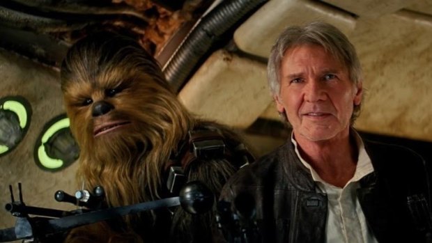 Harrison Ford and Chewbacca in <i>Star Wars: The Force Awakens.</i>