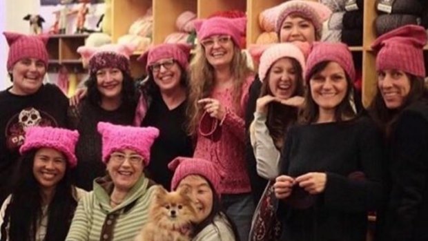 Women knitting pussyhats at The Little Knittery in Los Angeles.