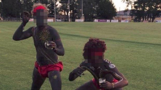 Two men painted themselves black and dressed as Aborigines for a party in Ballarat at the weekend.