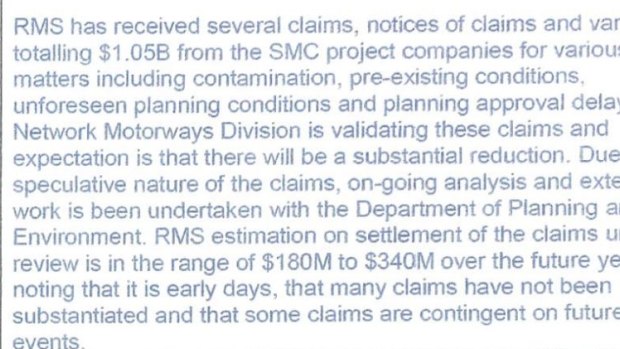 Section of an internal government document obtained by Labor showing $1.05 billion in contractor claims for WestConnex.