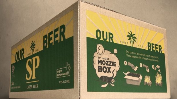 This beer carton is designed so that, when burned, it will keep mosquitoes away.