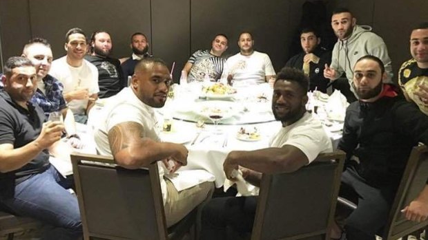 Dinner at The Century: Rafat Alameddine (fifth from left in black shirt) and former bikie Paulie Younan (sixth from left at back of table) pictured with Corey Norman, James Segeyaro and Junior Paulo.