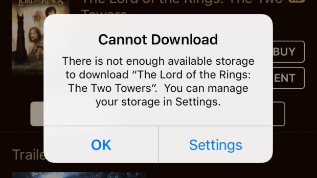 The notification that pops up when you try to download a file that's too big.