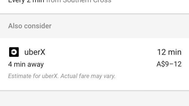 Google Maps screenshot with Uber app link at bottom of directions SUPPLIED by Marc Moncrief for THE AGE NEWS 24th March 2016