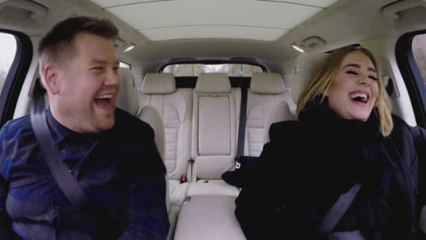 Adele and James Corden drove around London in the rain.