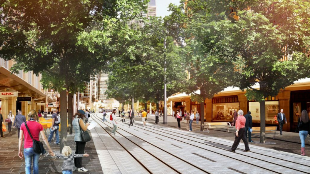 An artists' impression of George Street after the light rail is built. 