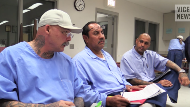 Inmates in California's Salinas Valley State Prison, in a scene from the documentary Murder, Mayhem and Meditation.